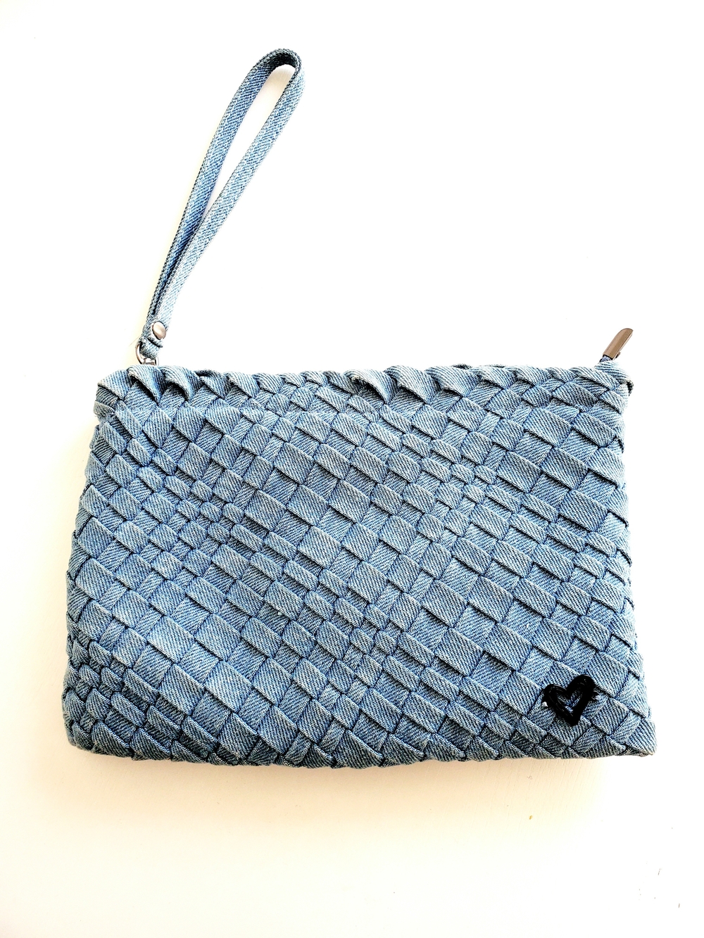 Woven Light Jean Blue Wristlet Clutch with Heart Detail